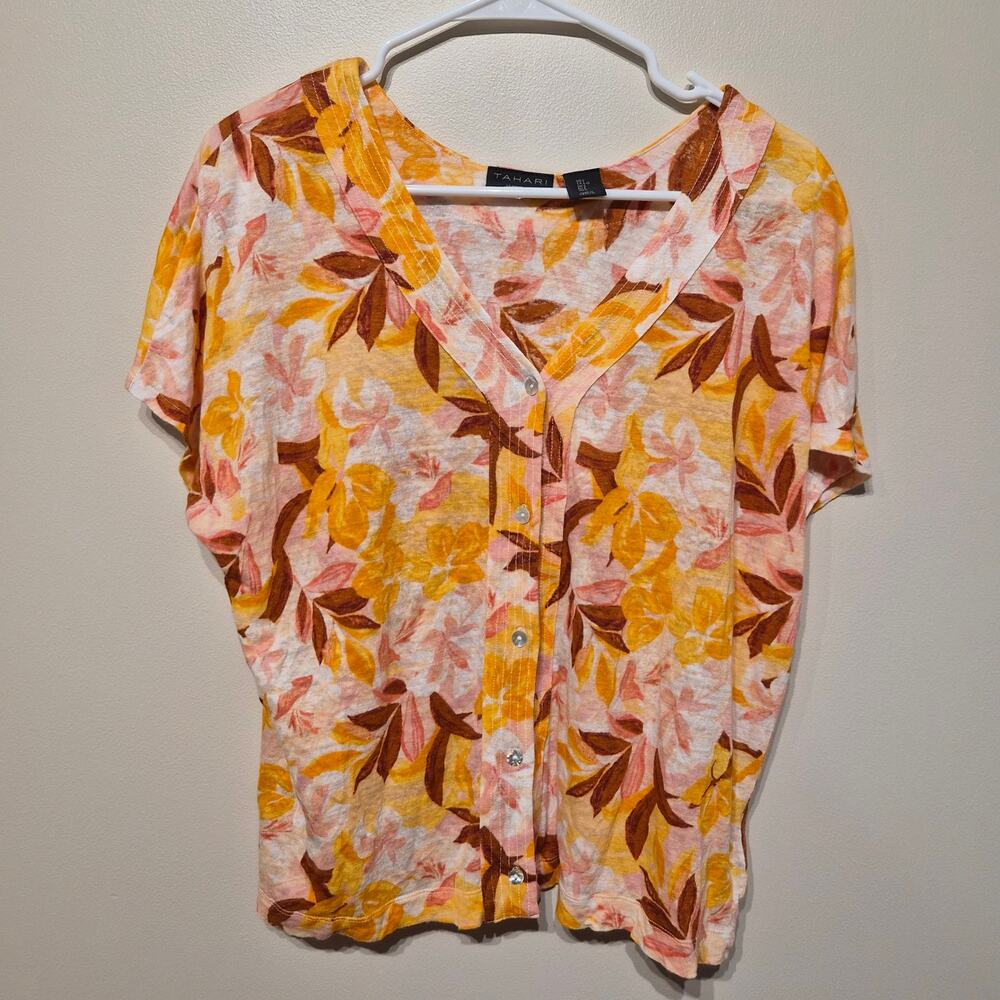 Tahari Large 100% Linen Short Sleeve Button Blouse Orange Floral Tropical